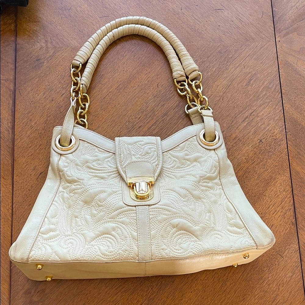 BCBGMaxAzria Cream Shoulder Bag with Gold Details
